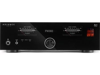 Stereo-versterker Advance Paris A8 APEX zwart, glazen frontpaneel, L/R VU-meters, PHONO-display, grote volumeknop, buizenvenster