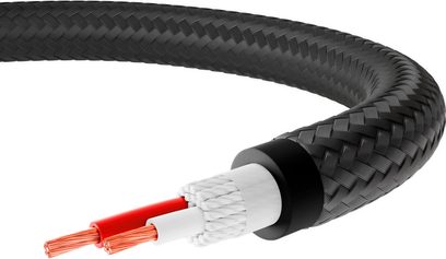 Luidsprekerkabel Triangle Black met zwarte gevlochten mantel, rood en wit koperen geleiders zichtbaar in doorsnede