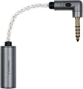 Hi-Fi kabel pro sluchátka iFi Audio iEMatch 4.4, válcové šedé kovové pouzdro, pletený kabel, pozlacený zalomený 4,4mm jack, přední strana