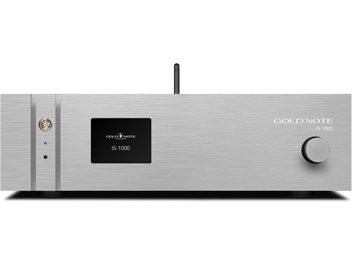 Hi-fi-forstærker Gold Note IS-1000, børstet aluminium i sølv, centralt display, stor knap til højre, set forfra