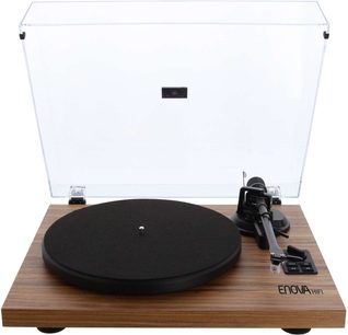 Gramofon Enova HIFI Vision 2 SET v ořechovém provedení Dark wood, pohled zepředu, otevřený kryt, rameno s přenoskou