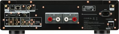Srebrni hi-fi stereo ojačevalnik Model 60n, zadnji pogled, avdio priključki, HDMI vhodi, zvočniški terminali, RCA vtičnice, Bluetooth antena