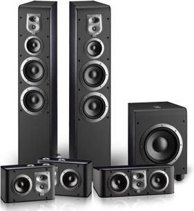 JBL ES80 svart høyttalerpakke bestående av 5 høyttalere og 1 subwoofer, alle i matt svart farge