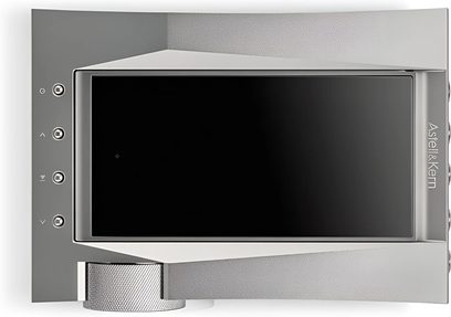 Wzmacniacz słuchawkowy Astell&Kern ACRO CA1000 z metalową, szczotkowaną obudową, przednim panelem z czarnym, prostokątnym wyświetlaczem i srebrną pokrętłą regulacyjną
