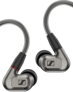 Căști intraauriculare Sennheiser IE 600, căști gri metalizat, vârfuri negre, cablu împletit, vedere din față