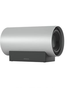Sub Medium Wireless sølv subwoofer, sett fra siden, sylindrisk form, svart rektangulær støtte, synlig høyttaler
