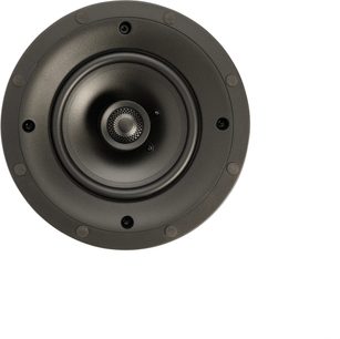 Cassa da incasso a soffitto H55-R v2, vista frontale, forma circolare, tweeter centrale, bordo testurizzato, 6 viti visibili