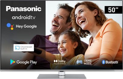Panasonic TX-50LX660E 50-tommer tv, der viser en smilende familie, med Android TV-funktioner fremhævet