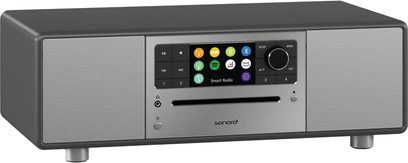 Sonoro Prestige graphite matte radio - silver, front view, two speakers, touchscreen with icons, buttons