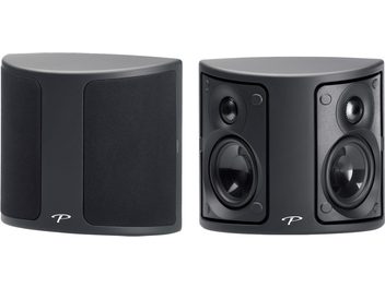 Paradigm Surround 1 højttalere i mat sort, set forfra og fra siden, afrundet rektangulær form, cirkulære højttalerenheder