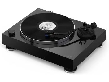 Czarna gramofon Reloop TURN X, widok z góry. Czarna tarcza, ramię z wkładką gramofonową, srebrne nóżki