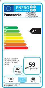 Energimærke for et Panasonic TX-40DS500 eller TX-40DS503E TV, energiklasse A+, 59 kWh/år, 100 cm