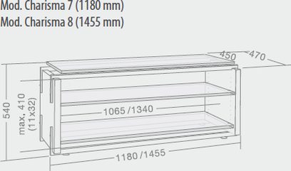 Nábytek pod TV ze světlého dřeva se 2 dveřmi, 1 otevřenou policí, rozměry 1180/1455 × 470 × 410/640 mm podle kótovaného schématu