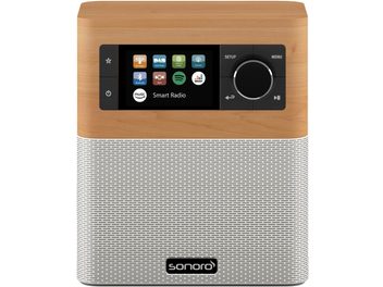 Radio da tavolo Sonoro Stream in acero e bianco, forma rettangolare, display LCD, pulsanti, griglia altoparlante