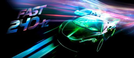 Stiliseret futuristisk grøn bil med teksten "FAST 24h" og farvede lysstriber på mørk baggrund