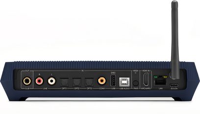 Verbonden luidspreker Triangle Capella 2 abyssblauw achteraanzicht met antenne en audioaansluitingen HDMI USB LAN