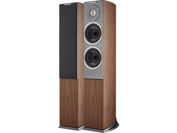 Pair of AudioVector R3 Arreté walnut floorstanding speakers, three-quarter front view, slim walnut-veneered cabinets with dark base, gray front panel featuring a rectangular tweeter, two circular drivers, and a removable black grille on the left unit