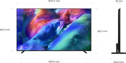 Televizor Samsung TMR65R85H 2026 černý s plochou obrazovkou a tenkým rámečkem, pohled zepředu a z profilu s bočními nožkami