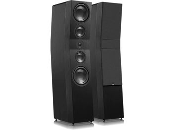 SVS Ultra Evolution Pinnacle sütun hoparlörler, ön görünüm, 4 hoparlör, siyah mat ahşap kasa, kızılcık ağacı