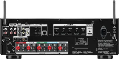 Denon AVR-S650H sort home cinema-forstærker, bagside, audio/video-tilslutninger, antenne, højttalerterminaler, netværk, strømforsyning