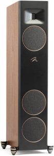Cassa acustica a colonna Motion F10 con pannello laterale in legno, frontale nero, 3 griglie circolari e un tweeter rettangolare in alto.