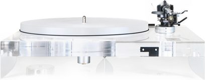 Giradischi Gold Note Valore 425 Plus in acrilico con braccio B-5, piatto in acrilico trasparente, telaio bianco, vista dall'alto