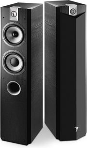 Focal Chorus 716 V zwarte vloerstaande luidspreker, voor- en zijaanzicht, met luidsprekers, tweeter en bass-reflex poort, in zwart gelakt hout