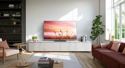 Moderne stue med lyserød sofa, sofabord, fjernsyn på hvidt møbel, sorte hylder, grøn plante, stort vindue