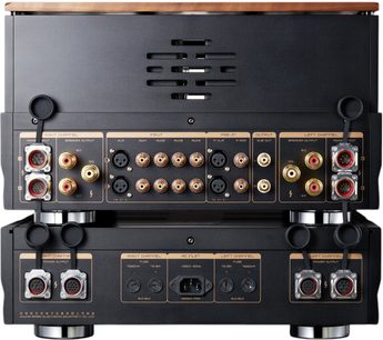 Cayin Pearl 30I integrierter Stereo-Hi-Fi-Verstärker im schwarzen Metallgehäuse mit Holzoberseite, Rückansicht mit Reihen vergoldeter RCA-Anschlüsse, zwei XLR-Buchsen, rot-goldenen Lautsprecherklemmen, Mehrfachsteckverbindern und Lüftungsschlitzen