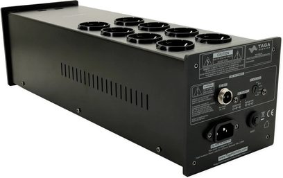 Taga Harmony PF-1000LPS sort, bagfra i vinkel, 8 runde stik på toppen, advarselspaneler og synlige stikforbindelser
