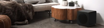 Kubisk, mattsvart subwoofer i slät metall med rund frontgaller, avrundade kanter, trekvarts vy