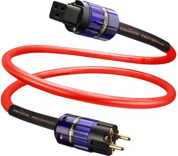 Due cavi di alimentazione IsoTek EVO3 Optimum da 5m rossi, con connettori IEC e spine di alimentazione nere e blu