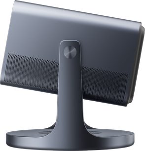 Hisense C2 Pro projector, side view, rectangular gray casing, central circular stand, perforated surface