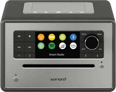 Sonoro Smart Radio graphitgrau matt mit Farb-Display, Bedientasten und Drehregler auf der Vorderseite, integriertem Lautsprecher