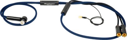Cavo phono Thorens PhonoConnect PHS 150 DIN-RCA 1,5 m visto dall’alto, guaina intrecciata in nylon blu e nero, due connettori RCA maschio con contatti dorati, connettore DIN maschio a 5 poli nero, filo di massa con forcella e due cilindri neri anti-interferenza