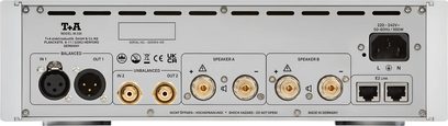 T+A M 200 Endverstärker in Silber, Rückansicht mit XLR-, RCA-Anschlüssen und Lautsprecherklemmen