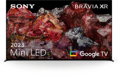 Sony Bravia XR 65X95L teler, mis kuvab abstraktset pilti punastest ja oranžidest kristallikildudest
