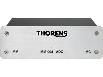 Thorens MM-008 ADC phono preamp, front view, rectangular casing, brushed metal front panel, 4 screws, black text, blue LED