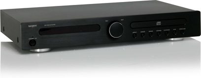 Tangent CDP-200 CD-afspiller i sort, front med display, knapper, CD-skuffe, set fra trekvart vinkel forfra