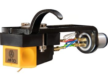 Nagaoka MP-110H yellow plastic phono cartridge with gold label, mounted on a black metal headshell with curved finger lift, silver screws, and multicolored wires, side view