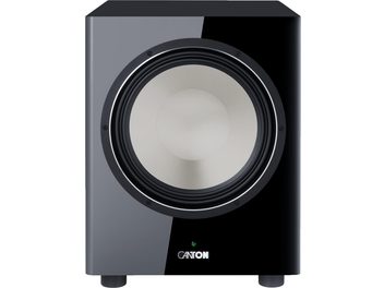 Subwoofer Canton Townus 12 Sub, černý lak, pohled zepředu, velký kulatý šedý reproduktor