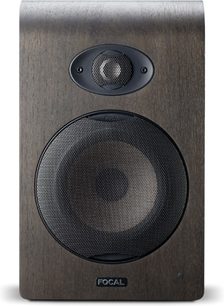 Reproduktor Focal Shape 50 tmavý ořech, pohled zepředu, černý basový reproduktor, stříbrný tweeter, černá mřížka
