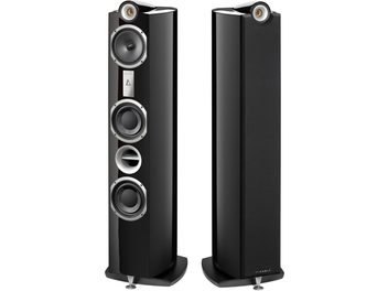 Altavoces de piso Triangle Signature Delta en negro lacado, vista frontal, dos altavoces uno al lado del otro, cada uno con cuatro altavoces