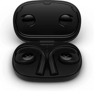 Casque intra-auriculaire Beyerdynamic VERIO 200 dans un boîtier ouvert, vue de dessus, écouteurs noirs, intérieur noir