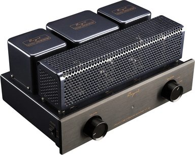 Amplificatore a valvole Cayin MT-12N EL84 nero in metallo, frontale spazzolato con due grandi manopole nere e interruttore laterale, griglia forata a protezione delle valvole e tre coperture dei trasformatori sul retro, vista tre quarti anteriore destra
