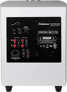 Cabasse Orion MC170 vit basboxhögtalare, framifrån, med knappar, uttag och logotyp på framsidan