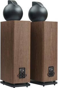 Sloupové reproduktory Elipson Legacy 3230 ořech, tmavé dřevo, černé reproduktory, černá základna, pohled zepředu