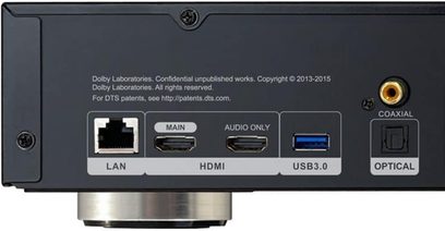 Retro di un lettore Blu-ray Reavon UBR-X110 con porte HDMI, USB 3.0, LAN, coassiale e ottica