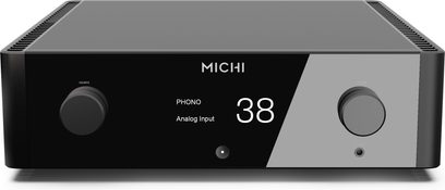 Rotel Michi X3 sort hi-fi stereoforstærker, frontvisning, digitalt display "38", drejeknappper og phono-indgange på forsiden