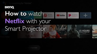 Benq TK700ST-videoprojektor, der viser en grænseflade til at se Netflix på en projektionsskærm med miniaturebilleder af film og tv-serier